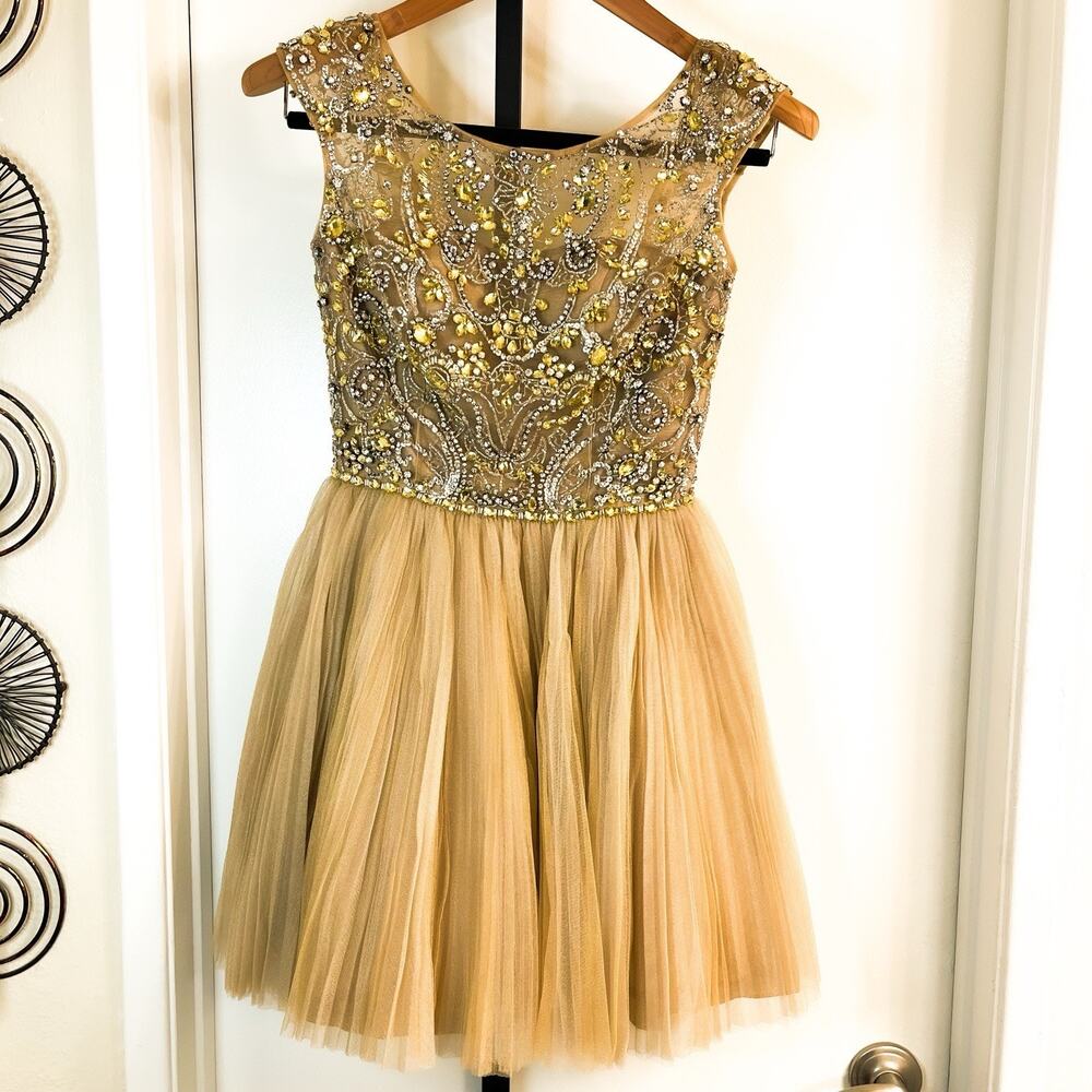 Sherri Hill Beaded Mini Dress Y2K Cocktail Prom Homecoming Glam- Gold, Size 2